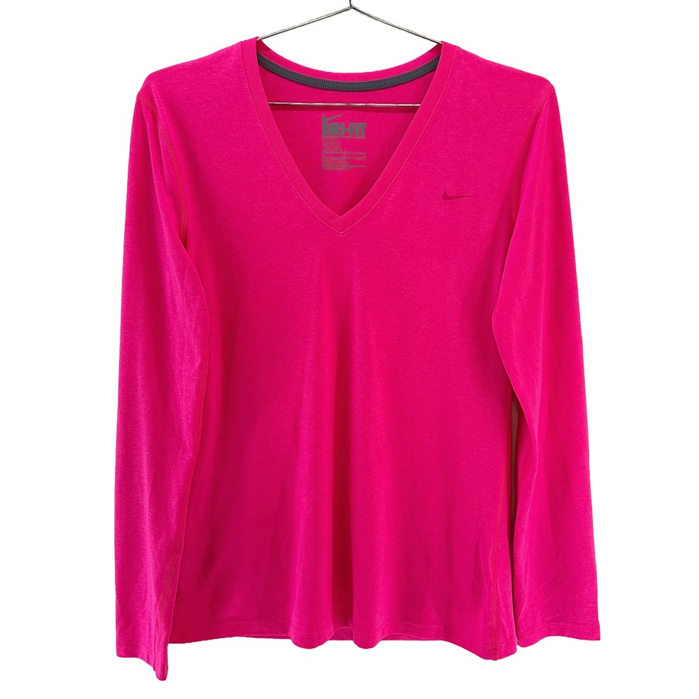 NIKE Dri-Fit‎ Women's Long Sleeve V-neck Running Top • Medium • neon pink